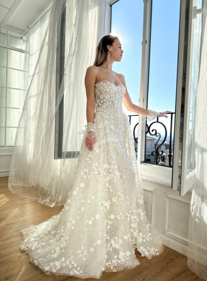 Elegant Ivory Strapless Sweetheart 3D Floral Sparkly Mermaid Detachable Tulle Beaded Long Train Wedding Dress TP5907