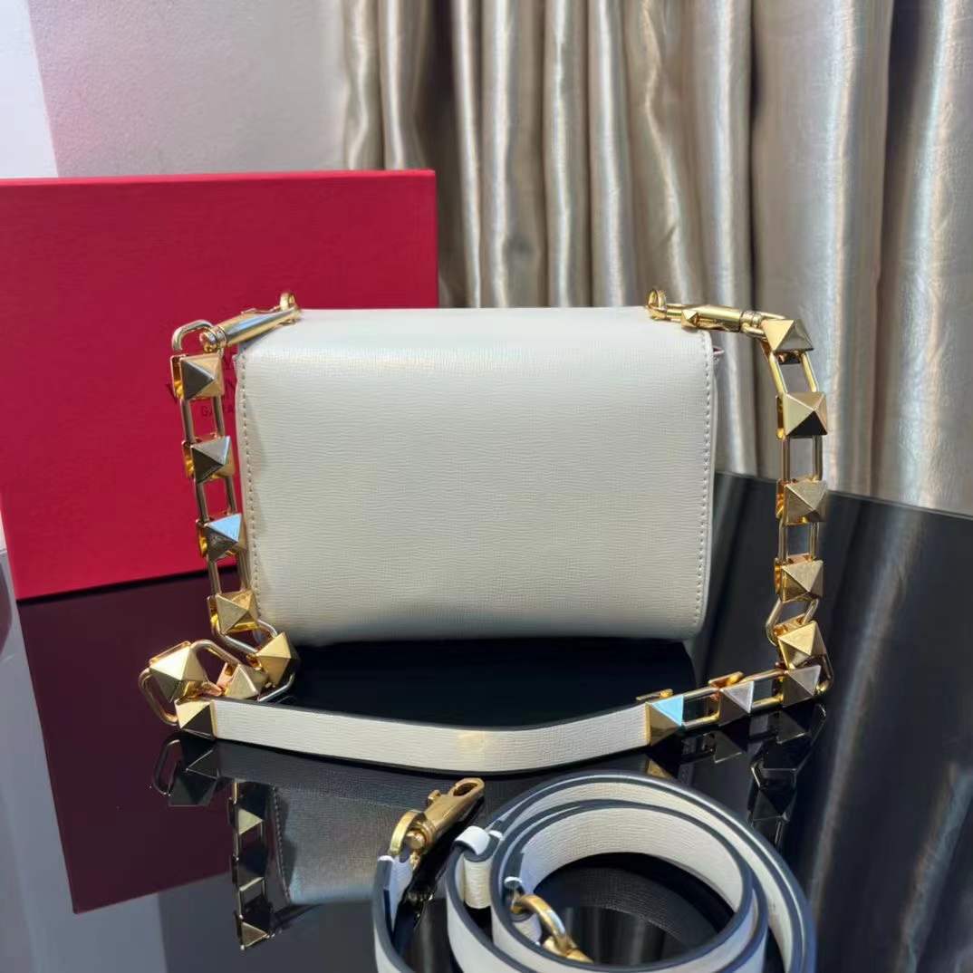 VALENTINO STUD SIGN GRAINY CALFSKIN SHOULDER BAG IN WHITE