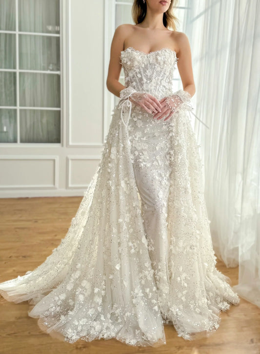 Elegant Ivory Strapless Sweetheart 3D Floral Sparkly Mermaid Detachable Tulle Beaded Long Train Wedding Dress TP5907