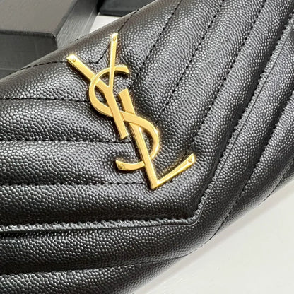 YSL Long Wallet Black Leather Gold Tone 10769 19cm