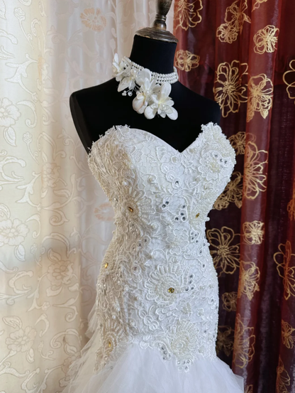 Glamorous Strapless White Lace Appliques Beaded Mermaid Long Evening Dress Birthday Prom Dress SP1615