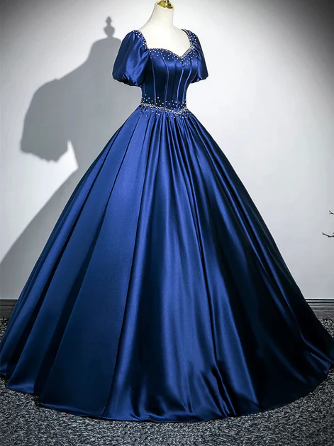 Charming Navy Blue Satin Sweetheart Pearls Beaded  Party Prom Dress, A Line Ball Gown cc2191
