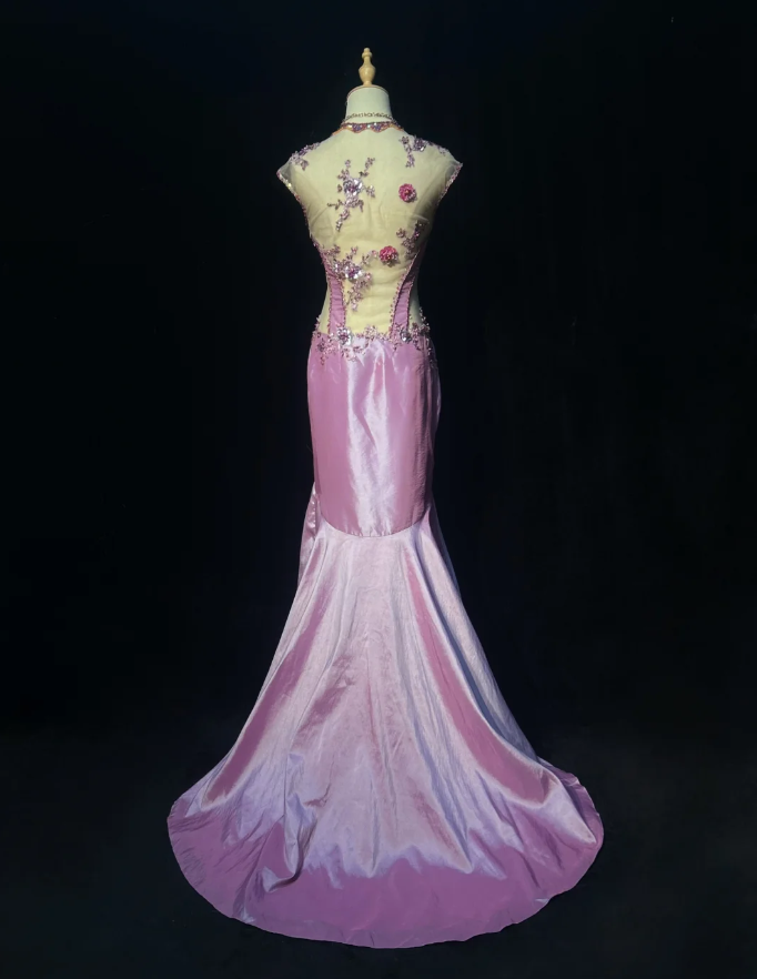 Unique Purple Satin Pleated Beaded Mermaid Evening Dress Long Birthday Prom Gowns SP1784