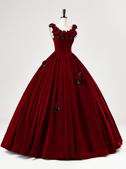 Charming Red Velvet A Line Rose Flowers Ball Gown Sweet 16 Dress Quinceanera Dress cc2061