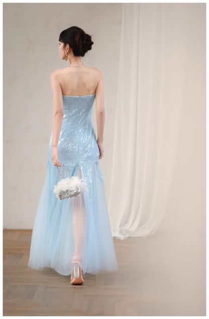 Charming Strapless Blue Tulle Sequin Beaded Mermaid Long Evening Dress Birthday Party Gown