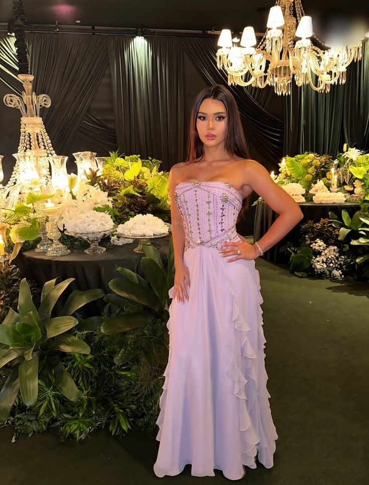 Charming Strapless Chiffon Beaded Lavender Long Party Dress Formal Wedding Guest Dress SP542