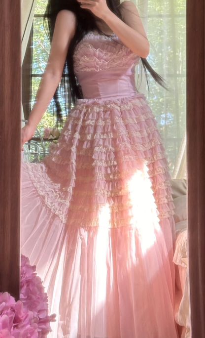 Sweet Strapless Pink Tulle Pleated A Line Long Party Dress Princess Birthday Prom Gowns