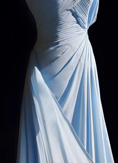 Classy Sky Blue One Shoulder Chiffon Pleated Mermaid Party Dress Long Wedding Guest Dress Evening Gown
