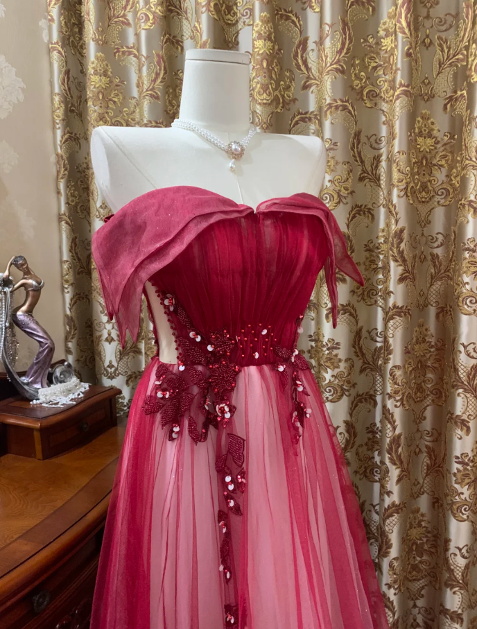 Pretty Red Off The Shoulder Tulle Beaded A Line Long Birthday Prom Dress Evening Dress SP1608