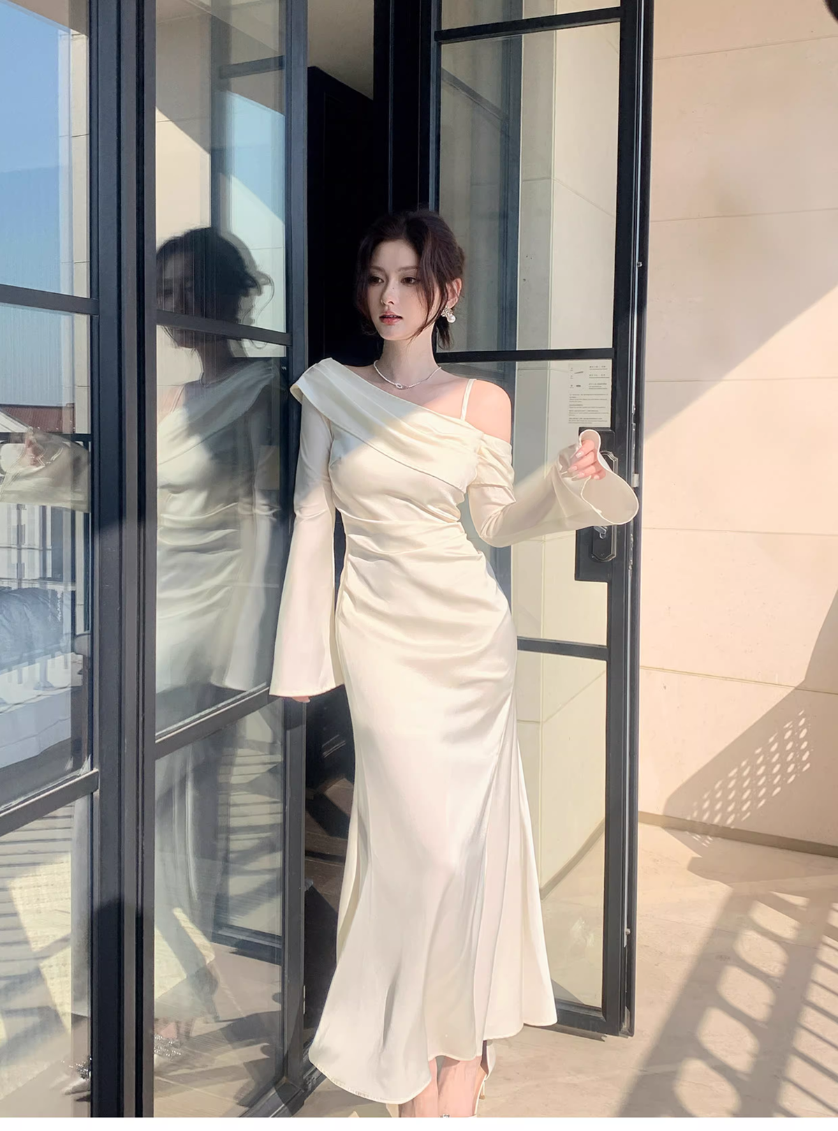 Classy Light Apricot Off The Shoulder Mermaid Slit Long Party Dress Prom Gown Formal Wedding Guest Dress SP1494