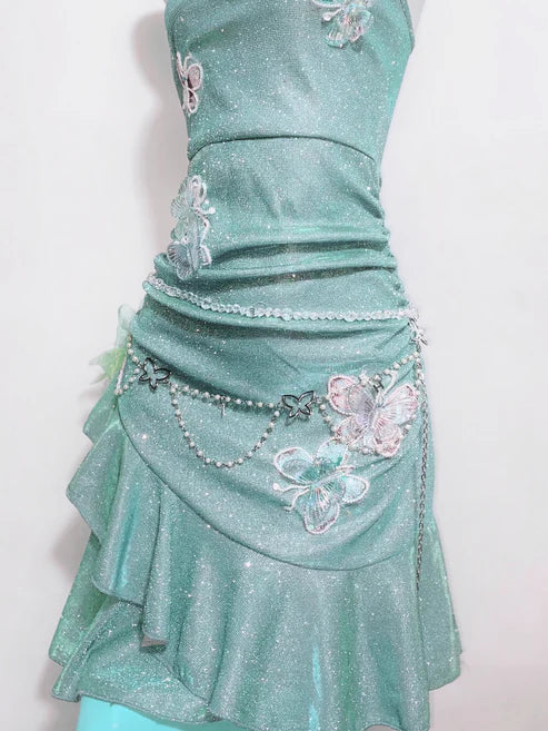 Fashion Mint Green Sparkling Sequin Spaghetti Strap Ruffled Hem Short 16th Birthday Party Dress Homecoming Dress TP4039