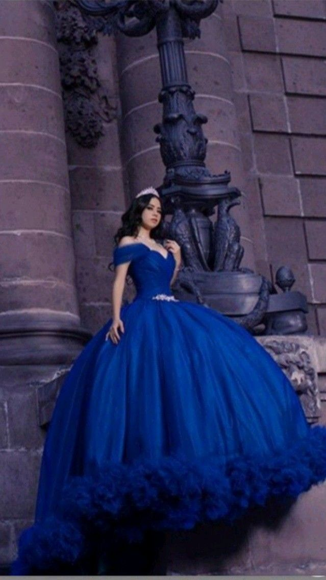 Off Shoulder Ball Gown Women Royal Blue Ruffle Princess Sweet 16 Dress  cc72