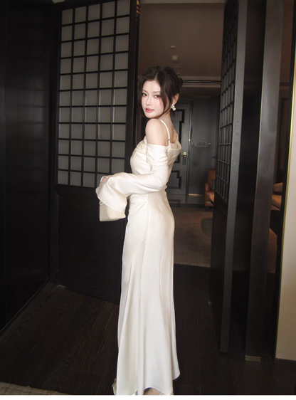 Classy Light Apricot Off The Shoulder Mermaid Slit Long Party Dress Prom Gown Formal Wedding Guest Dress SP1494