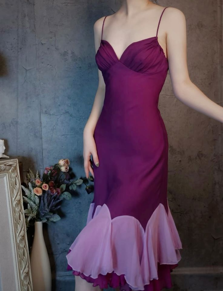 Vintage Spaghetti Straps Fuchsia Satin Chiffon Ruffles Mermaid Party Dress Long Evening Gown