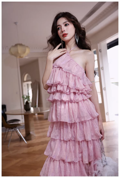 Pretty Pink Halter Chiffon Ruffle Layered Slit Long Birthday Prom Dress Evening Gown