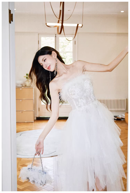 Classy White Feathers Strapless Embroidered Tulle Sequin Appliques Long Birthday Prom Dress Evening Gown