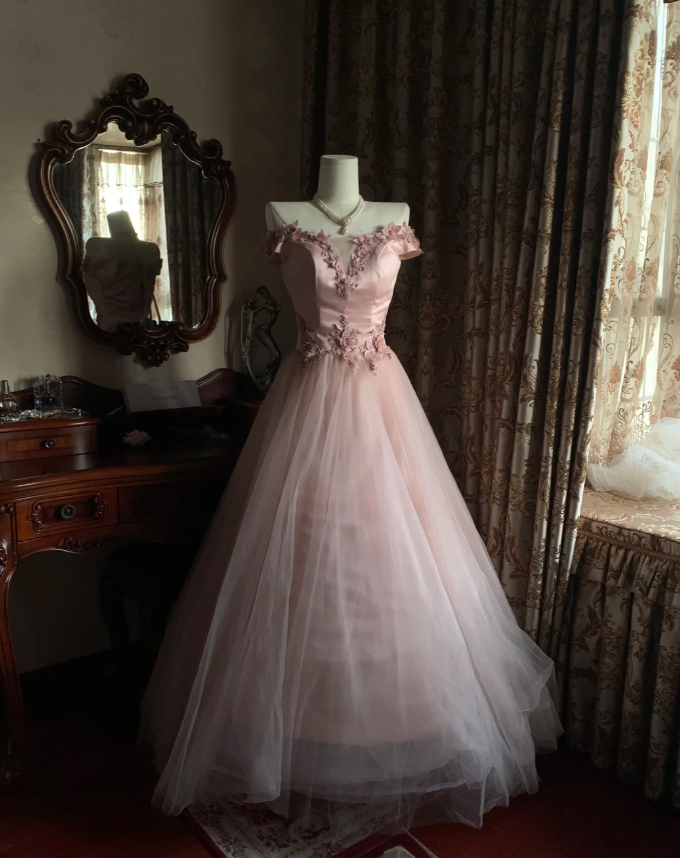 Sweet Pink Off The Shoulder Satin Tulle Appliques Long Birthday Party Dress Prom Gown