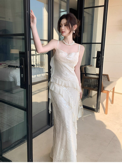 Shiny Spaghetti Straps Light Apricot Sequin Ruffles Mermaid Long Wedding Guest Dress Formal Birthday Prom Dress Party Gown SP1496