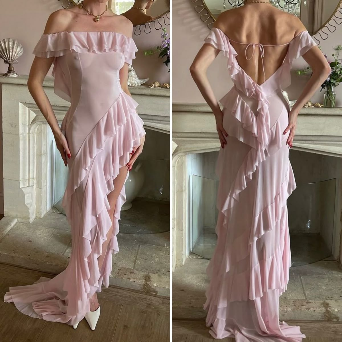 Sexy Off The Shoulder Pink Chiffon Ruffle Slit Long Party Dress Evening Gown Add Lining