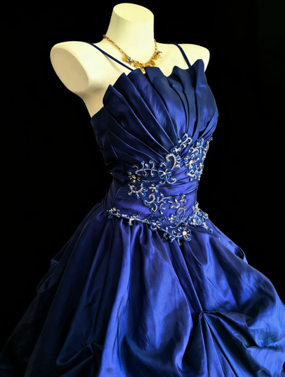 Elegant Spaghetti Straps Satin Pleated Beaded Ball Gown Royal Blue Long Birthday Party Dress SP1640