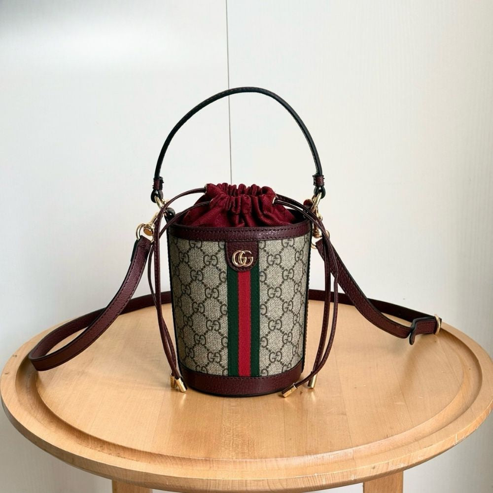 Gucci Ophidia Mini Bucket Bag Beige And Dark Red 20Cm