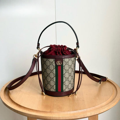 Gucci Ophidia Mini Bucket Bag Beige And Dark Red 20Cm