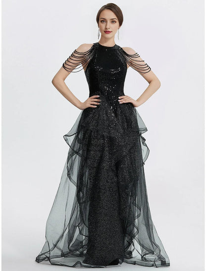 Mermaid Trumpet Prom Dresses Black Dress Dress Quinceanera Floor Length Short Sleeve Jewel Neck Tulle with Beading