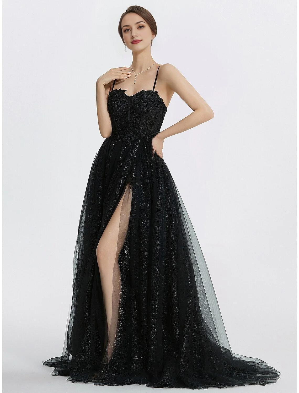 A-Line Prom Dresses Glittering Dress Floor Length Sleeveless Sweetheart Tulle with Appliques