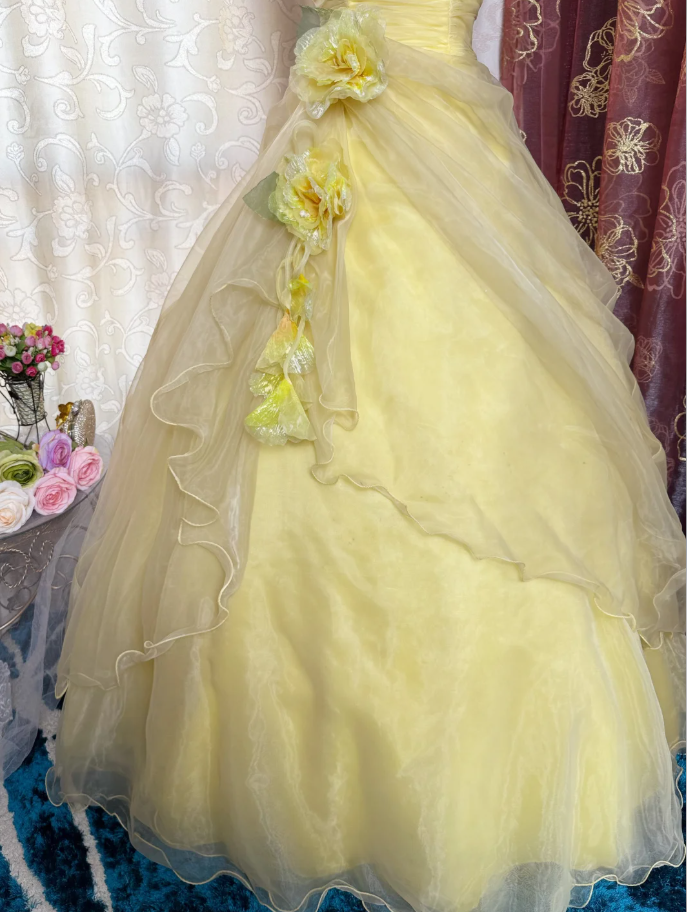 Sweet Strapless Ball Gown Yellow Organza Pleated Birthday Quinceanera Dress With 3D Flowers SP1891
