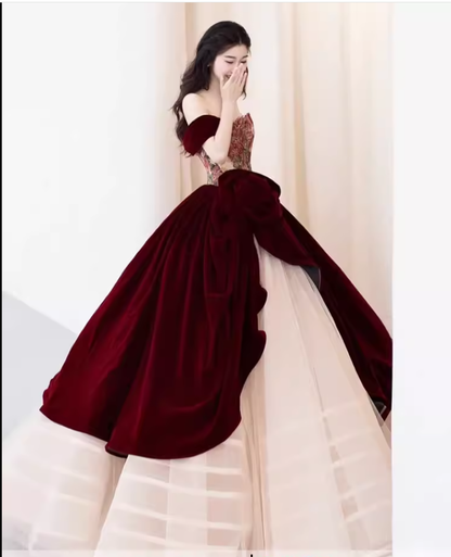 Simple Ball Gown Strapless Red Tulle Long Prom Dresses C105