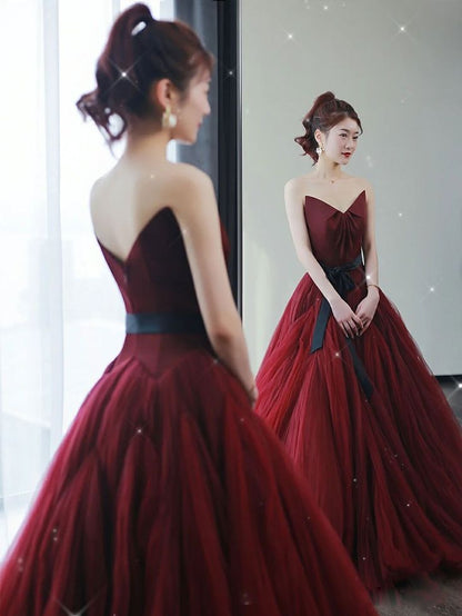 Vintage Ball Gown Strapless Burgundy Tulle Evening Dress Prom Dress C1158