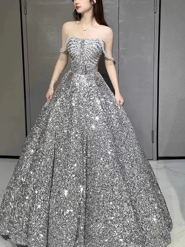 Sexy Ball Gown Off The Shoulder Silver Sequin Long Prom Dresses C1640