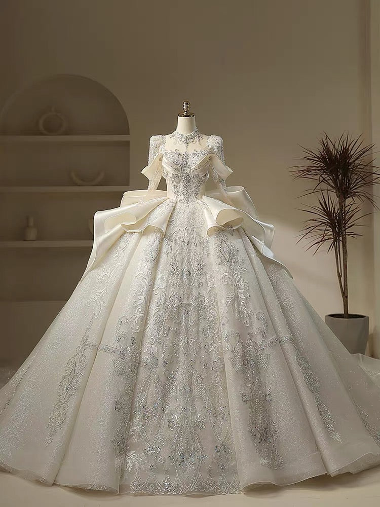 Unique Ball Gown High Neckline Sequin Lace Long White Wedding Dresses C1787