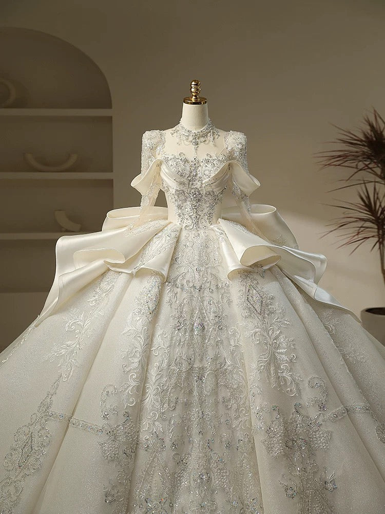Unique Ball Gown High Neckline Sequin Lace Long White Wedding Dresses C1787