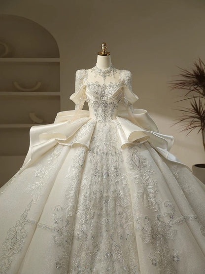 Unique Ball Gown High Neckline Sequin Lace Long White Wedding Dresses C1787