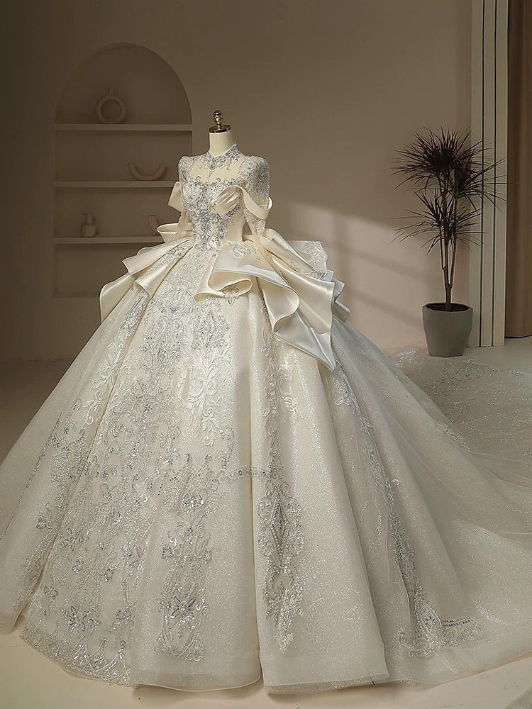 Unique Ball Gown High Neckline Sequin Lace Long White Wedding Dresses C1787
