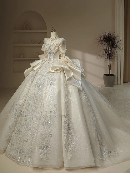 Unique Ball Gown High Neckline Sequin Lace Long White Wedding Dresses C1787