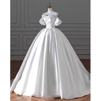 Timeless Ball Gown Sweetheart Long Puffy Sleeves Satin Wedding Dresses With Flowers C1799