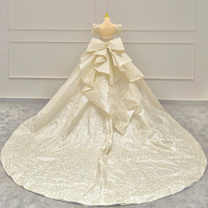 Timeless Ball Gown Sweetheart Long Puffy Sleeves Sequin Wedding Dresses With Bowknot C1800