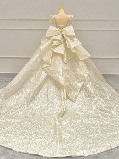 Timeless Ball Gown Sweetheart Long Puffy Sleeves Sequin Wedding Dresses With Bowknot C1800