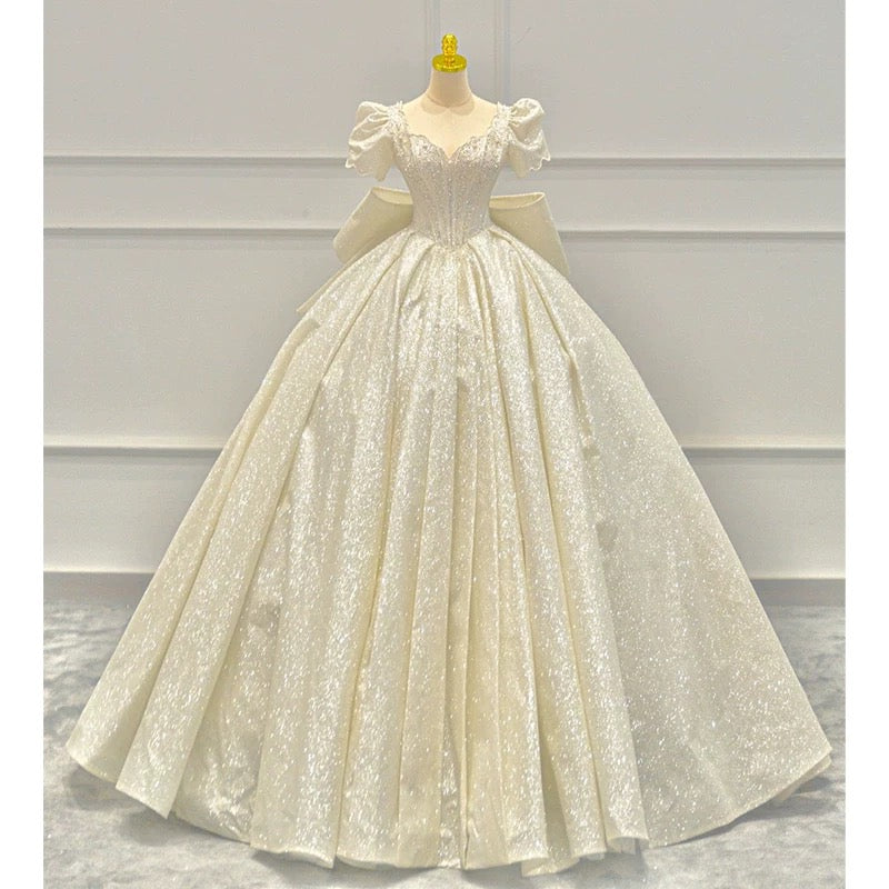 Timeless Ball Gown Sweetheart Long Puffy Sleeves Sequin Wedding Dresses With Bowknot C1800