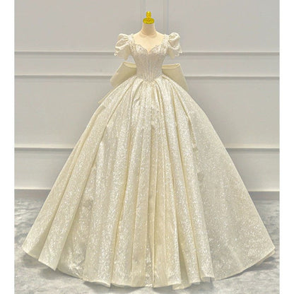 Timeless Ball Gown Sweetheart Long Puffy Sleeves Sequin Wedding Dresses With Bowknot C1800