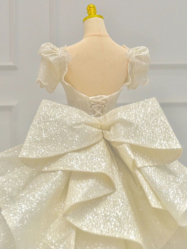 Timeless Ball Gown Sweetheart Long Puffy Sleeves Sequin Wedding Dresses With Bowknot C1800