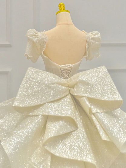 Timeless Ball Gown Sweetheart Long Puffy Sleeves Sequin Wedding Dresses With Bowknot C1800