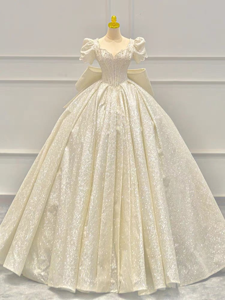 Timeless Ball Gown Sweetheart Long Puffy Sleeves Sequin Wedding Dresses With Bowknot C1800