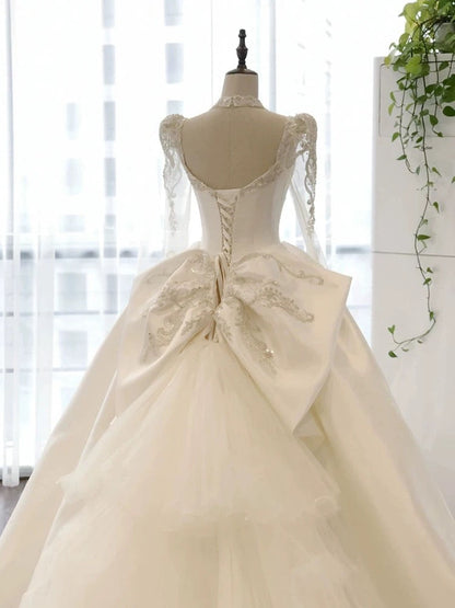 Simple Ball Gown Sweetheart White Long Sleeves Satin Wedding Dresses With Beads C1808