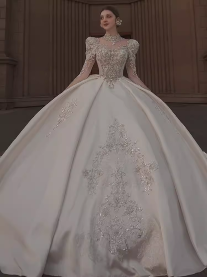 Princess Ball Gown Scoop neckline Long Sleeves Lace Wedding Dresses C207