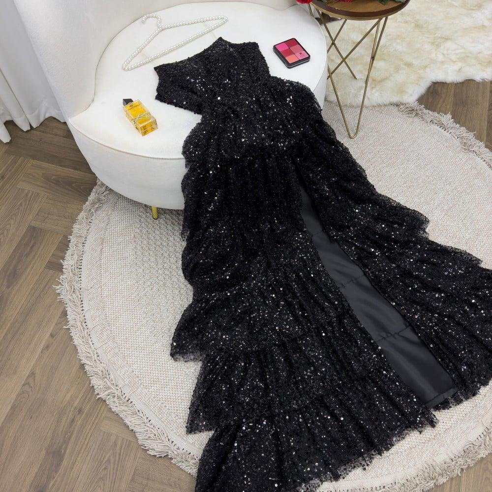 Modest Ball Gown Strapless Black Sequin Floor Length Slit Prom Dresses Evening Gowns C2530