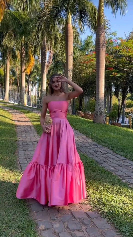Classy Ball Gown Strapless Pink Floor Length Satin Slit Prom Dresses Evening Gowns C2532
