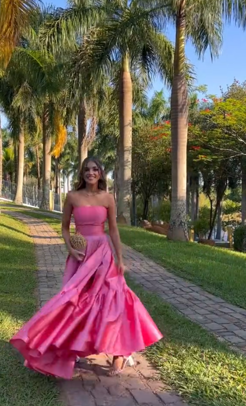 Classy Ball Gown Strapless Pink Floor Length Satin Slit Prom Dresses Evening Gowns C2532